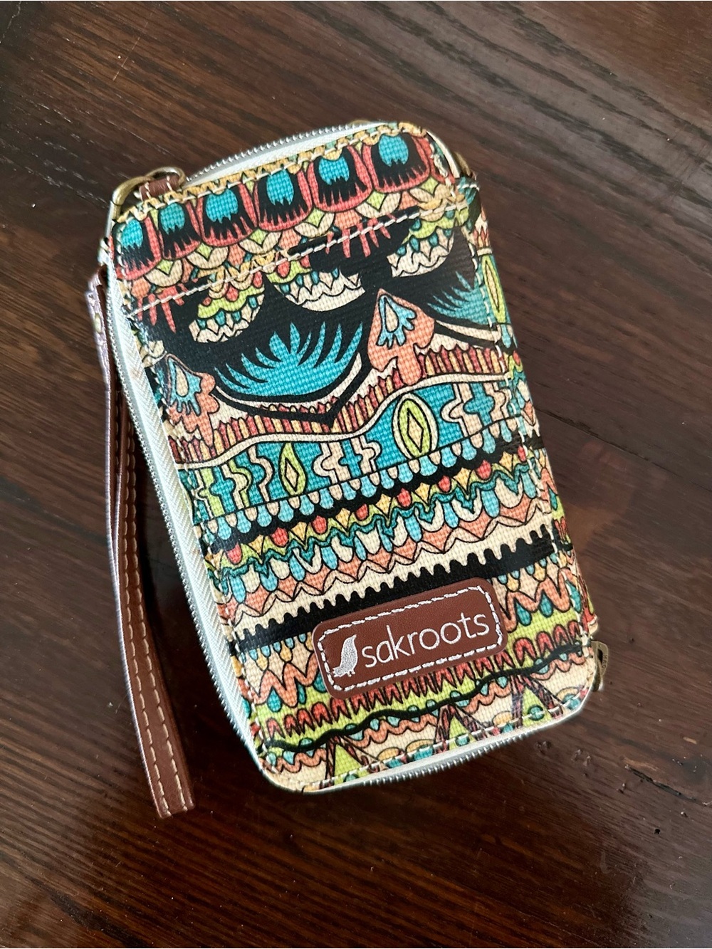 Sakroots Black Multi-Pattern Wristlet Phone Wallet with Brown Strap